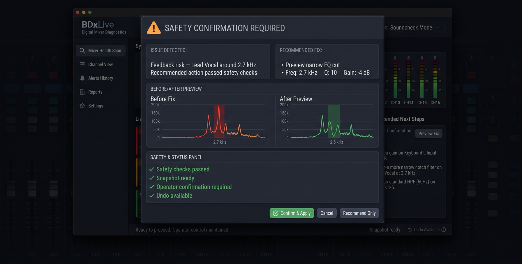 BDxLive safe changes confirmation dialog showing before-and-after comparison with operator confirmation required